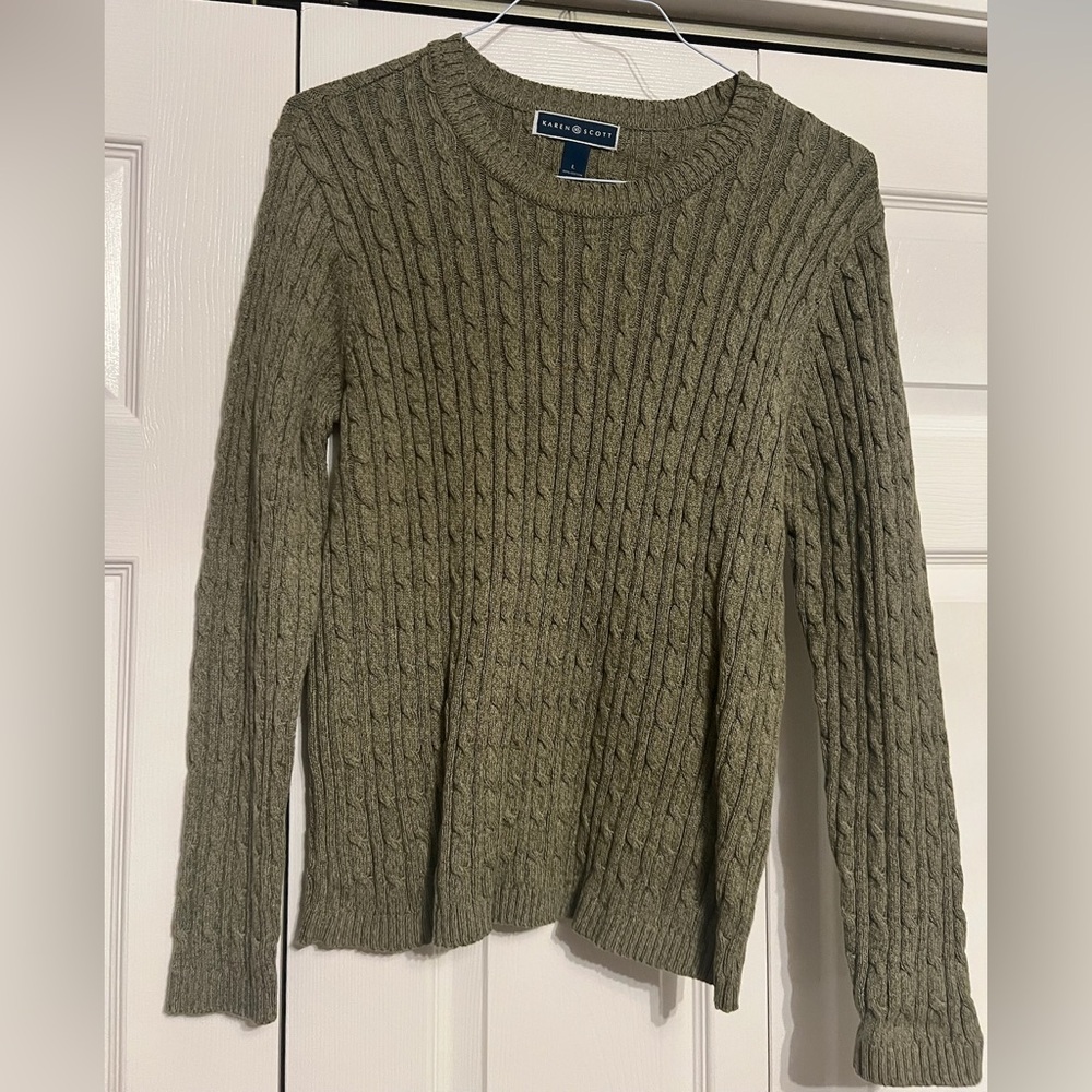 Karen Scott Moss Olive Green Cable Knit Long Sleeve Crewneck Sweater Size Large
